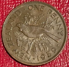 HIGH GRADE AU 1959 NEW ZEALAND ONE PENNY COIN-TUI BIRD-JUL585