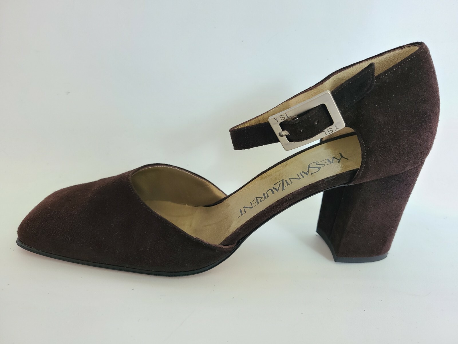 Yves Saint Laurent taglia 7 cinturino alla caviglia scamosciato marrone tacco a pompa Made in Italy