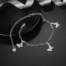 Womens 925 Sterling Silver Butterfly Heart Link Chain Foot Ankle Bracelet AB11