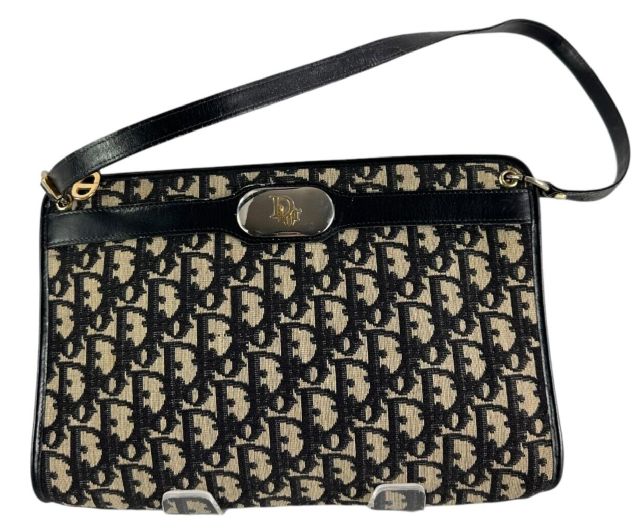 Vintage Authentic CHRISTIAN DIOR Navy Leather Jacquard Logo Shoulder Bag