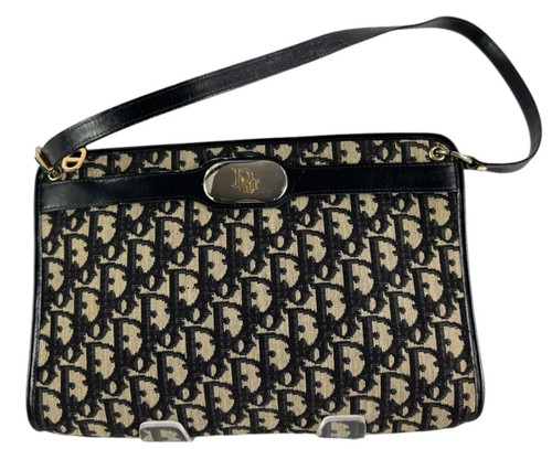 Vintage Navy CHRISTIAN DIOR Logo Jacquard Leather Shoulder Bag Authenticated