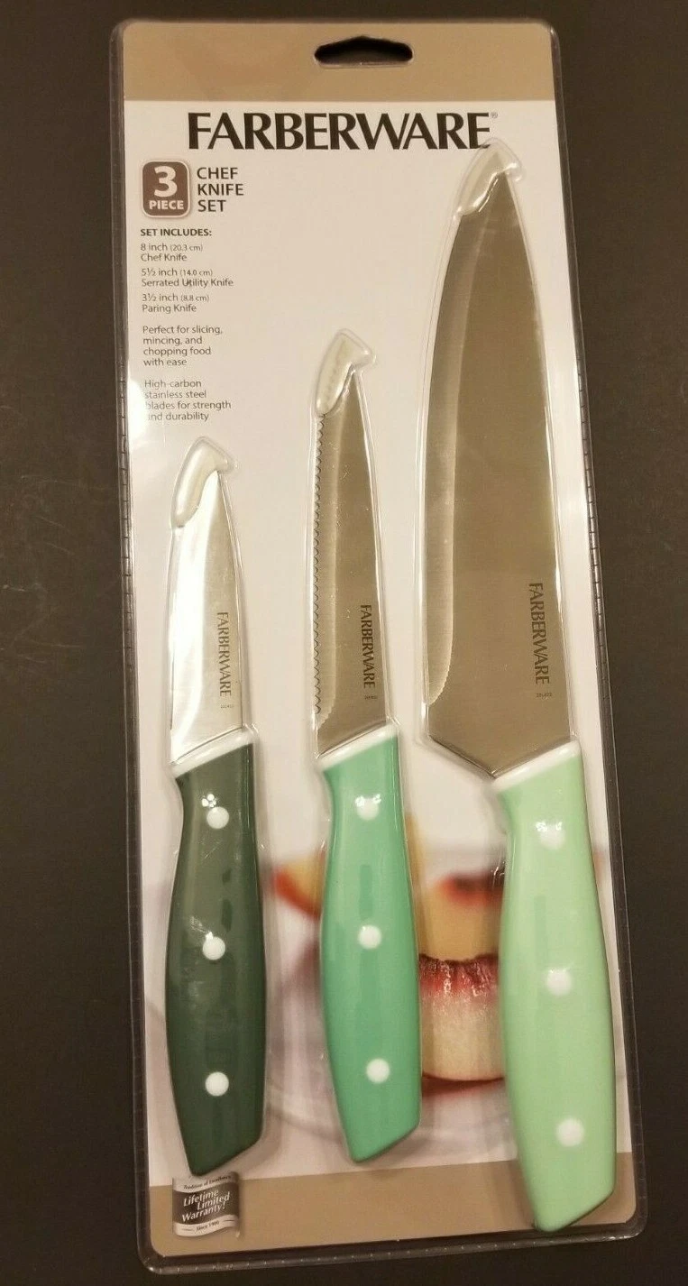 FARBERWARE 8" Chef 5.5" Utility 3.5" Paring Knife Set Shades of Green Handle NEW