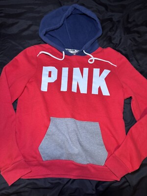 Victorias Secret PINK Red & Navy Colorblock Hoodie With Kangaroo Pocket Size S