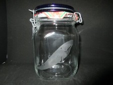 NEW ETCHED BLUE WHALE COBALT BLUE GLASS TOP COOKIE STORAGE MASON JAR CANISTER