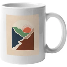 Coffee & Tea Mug, Aesthetic Minimalism Boho Sun & Mountains Art