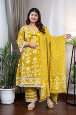 Mustard Pure Cotton A Line Kurta Pant Dupatta Suit Set Ikat Print Women's