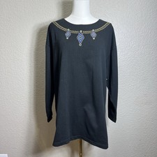Kini USA Black Embellished Jewel Neck 3/4 Sleeve Sweatshirt Top L USA Made