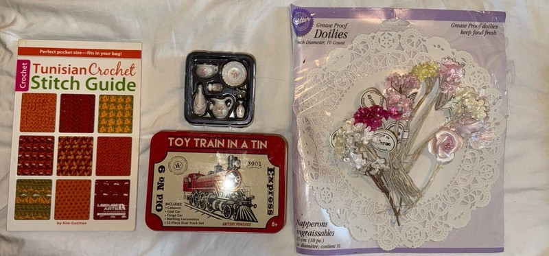 Tunisian Crochet Book + Toy Train Tin + Mini Tea Set + Doilies Craft Lot