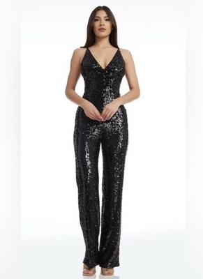 NWT DRESS the POPULATION Black Sequin Embellished V-Neck Pants Jumpsuit XS 