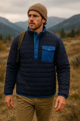 Lands' End Men M Quilted Snap Pullover Jacket Insulated Navy Colorblock Gorpcore