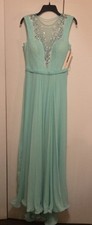 Talay Aqua Beaded Rhinestone Lace V-Neck Sleeveless Long Formal Gown 40 8552