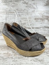 Women's Tory Burch Filipa Metallic Pewter Peep Toe Wedge Espadrille Sz 7B