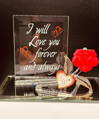 Red Rose Forever and Always Figurine Handcrafted Glass Love Anniversary Gift