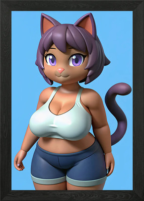 3D Busty Cat Girl In Sportswear Framed Wall Art Poster Canvas Print Picture