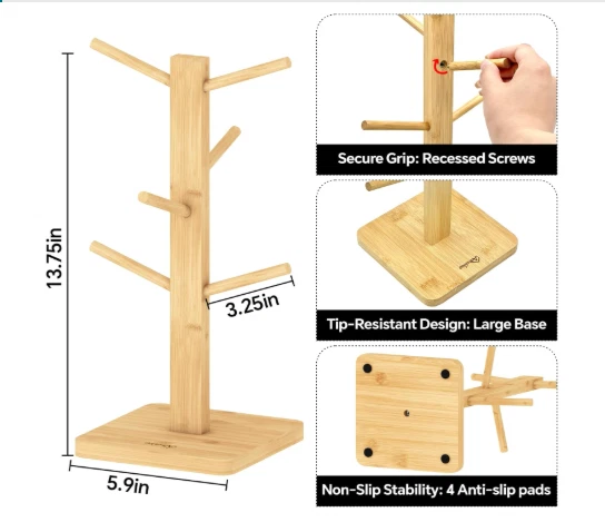 Mug Holder Tree 6-Hook Coffee Cup Rack with Anti-Slip Base Multi-Purpose - Image 2 of 4