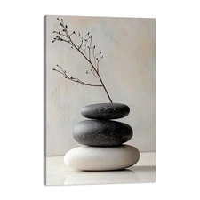 Modern Zen Canvas Wall Art - Black and White Stones Painting, Minimalist Spir...