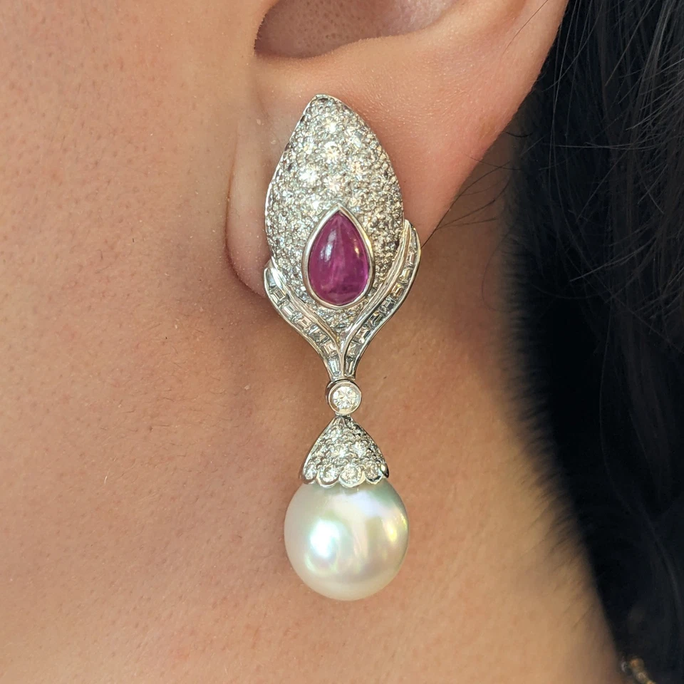 Natural Ruby, Diamond and Pearl Drop Earrings in Platinum - HM2739BN