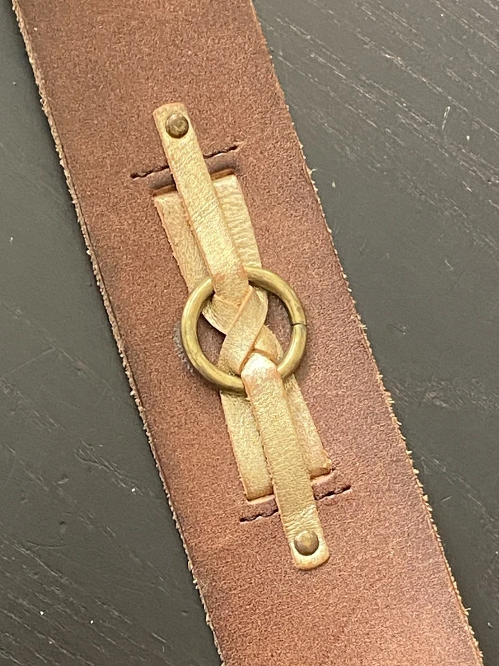 Linea Pelle Leather Belt Women Lg Brown Brass Buckle Gold Accent Braids Emblems - Image 3 of 4