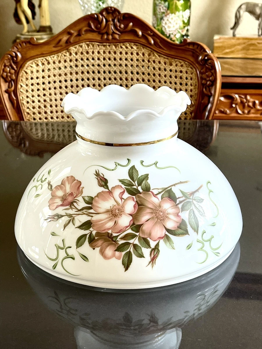 Vintage MILK GLASS Lamp Shade Hand Painted Roses 9.75 Fitter