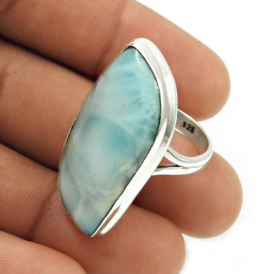 Natural Larimar Solid Silver Trendy Statement Thanks Giving Gift Bezel Ring US 8