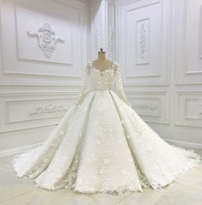 Princess Long Sleeves 3D Florals Wedding Dresses Court Train Bridal Gowns