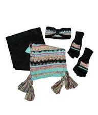 Set of 3 Winter Knit Girls Scarf, Gloves, Headband Black/ Blue/ Red Glitter