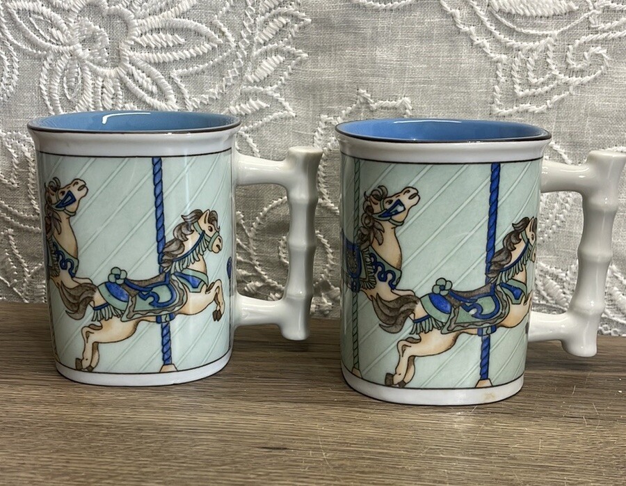 Vintage Carousel Mug Horse Merry Go Round Blue Takahashi Set of 2 Cup ...