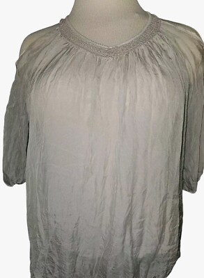 Elena Baldi Nude Silk & Lace Cold Shoulder  Lined V-Neck Blouse Top L Italy