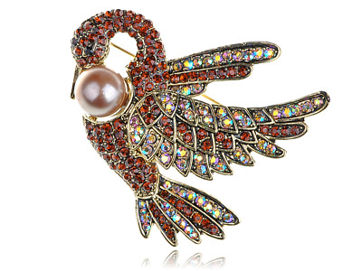 Light Siam Crystal Rhinestone Gold Tone Faux Pearl Swan Bird Pin Brooch