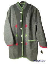 New! Geiger Austria Boiled Wool Car Coat Sz L Xl 46 Red Green Trim Jacket