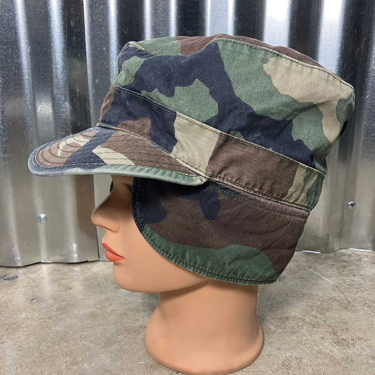 Military Cap Woodland Camo w/ Ear Flaps US Army Class 1 Size 7 1/8