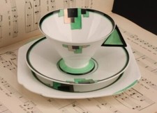 Shelley Vogue Green Blocks Teacup Trio 11785 VGC