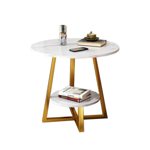 Round Side Table 2 Tier White Nightstand Coffee Sofa End Table Marble Design - Picture 11 of 12