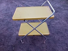 VINTAGE COSCO YELLOW 2 TIER UTILITY KITCHEN CART foldable and with wheels.  