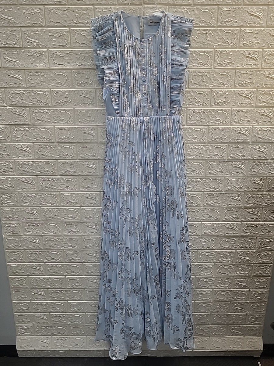 New Self Portrait Blue Metallic Chiffon Maxi Dress Size 4 | eBay