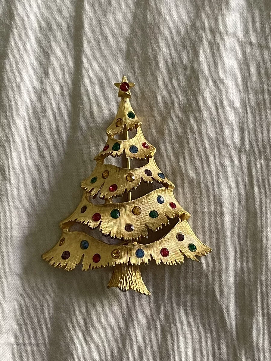 JJ Gold Color Christmas Tree Brooch Pin with Round Multicolor Rhinestones