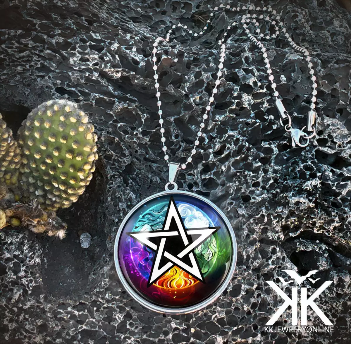 Wiccan Pentacle Necklace - Elemental Pentagram Large Silver Pendant - 104