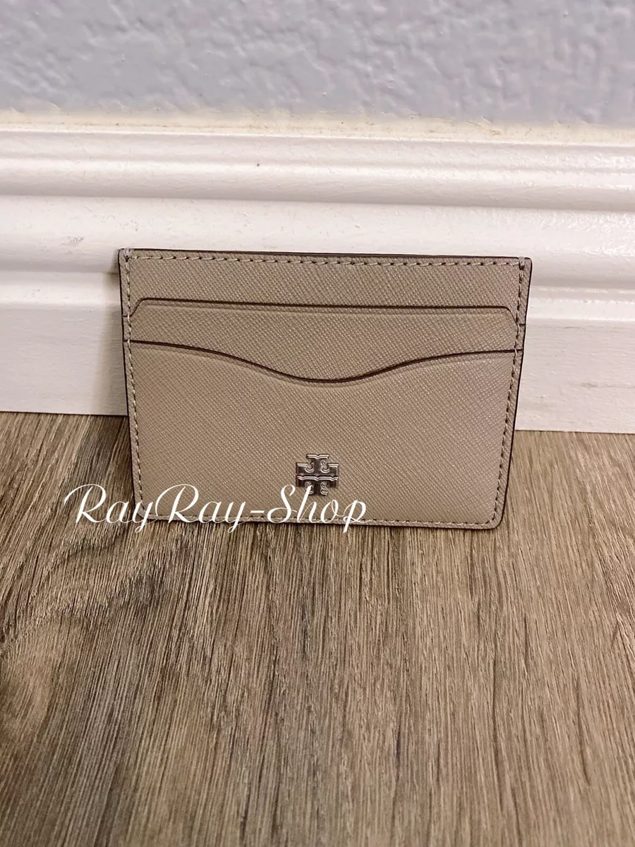 NWT Tory Burch Emerson Saffiano Leather Slim Card Case GRAY HERON