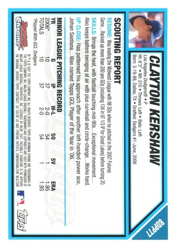 2007 Bowman Draft Chrome #BDPP77 Clayton Kershaw Prospect Card - Picture 2 of 2
