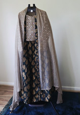 Women Gold Embroidered Embellished Long Sleeve Choli Skirt Dupatta Set
