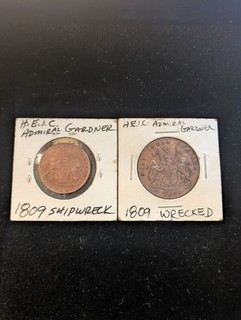 1809 East India shipwreck Admiral Gardner Coins 1808 X cash & XX cash