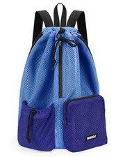 Swim Bag Mesh Drawstring Backpack with Wet Pocket Beach Bag for Swimming Blue