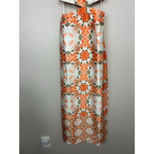 Maxi Vestido House of Harlow 1960 Nuevo con Etiquetas Estampado Satinado Recortado Naranja Talla XS - Imagen 5 de 8