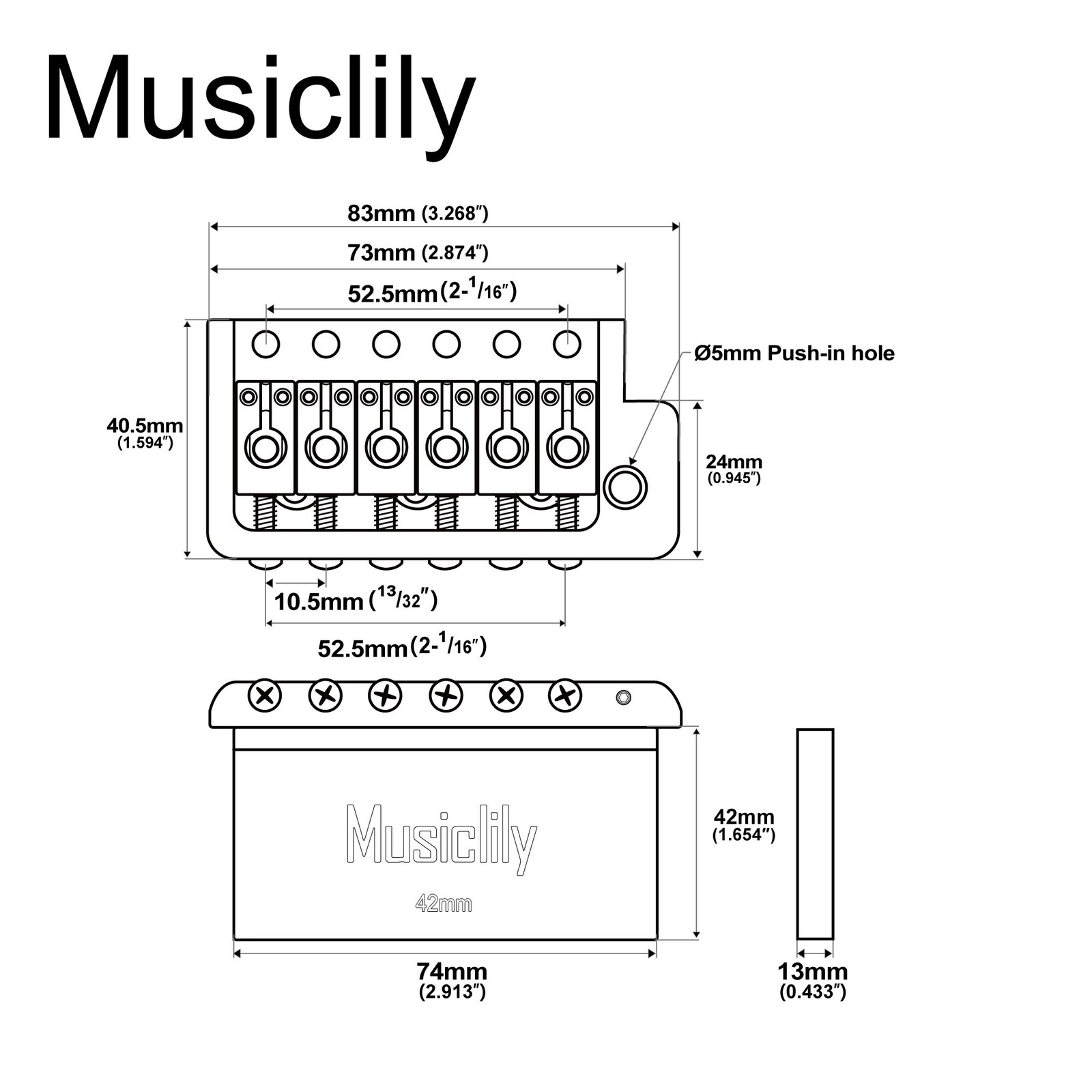 Musiclily Ultra Chrome 52.5mm Brass Block Tremolo Bridge For Strat ST Guitar 2