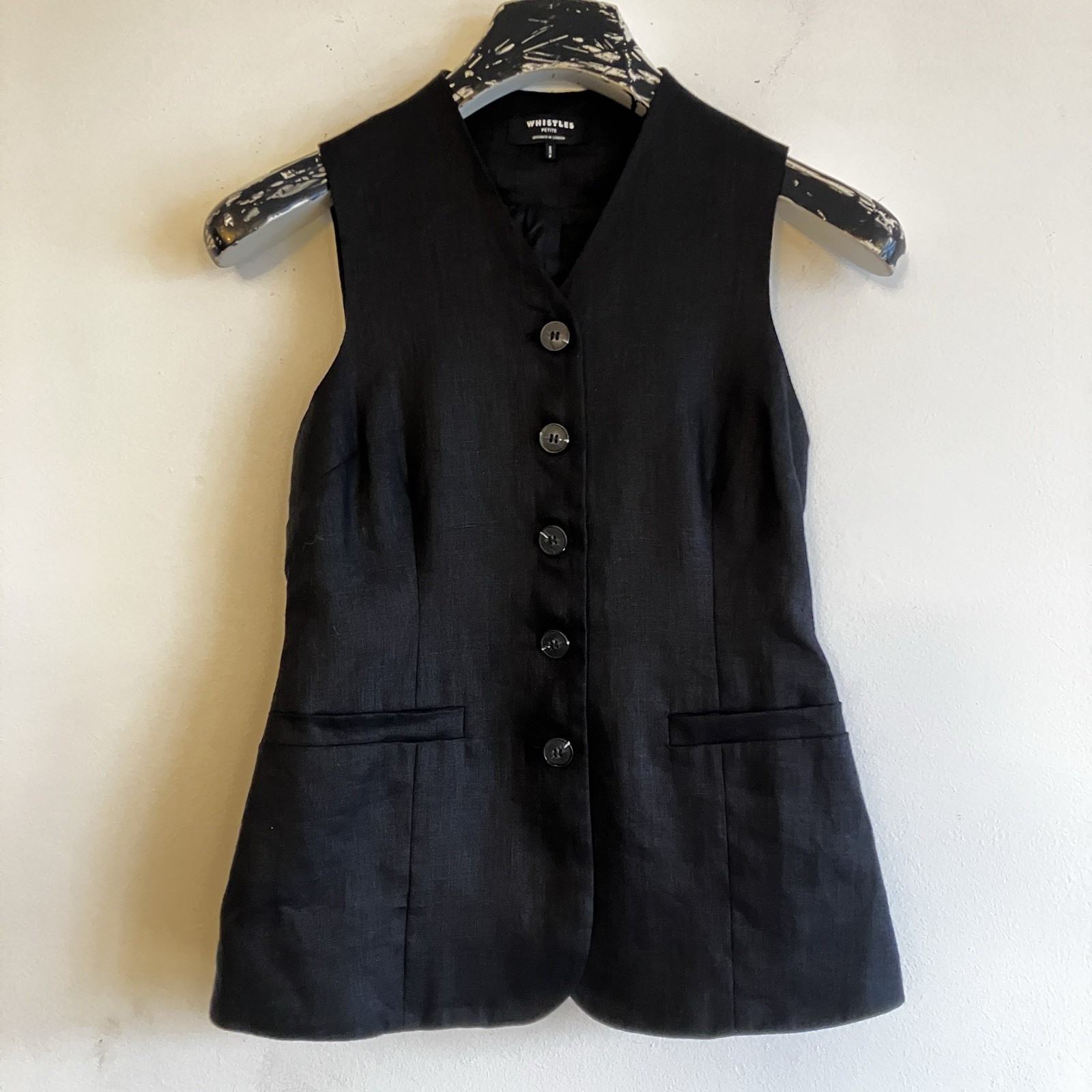 Whistles Petite Black Linen Button Up Fitted Waistcoat S UK 8 Women’s