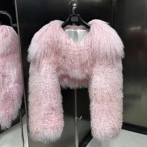 OFF WHITE Pelliccia mongola rosa cropped calda pelliccia riccia giacca invernale pelliccia di pecora naturale cappotto