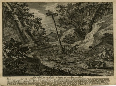 Antique Print-A method of catching wolves with a sheep-Hunting-Ridinger-1729
