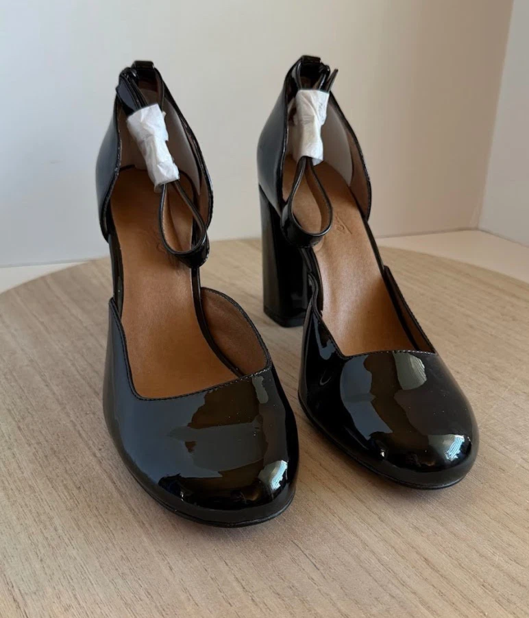 Sapatos femininos Elyse preto couro envernizado aparência salto bloco tamanho 8,5M - Imagem 2 de 4