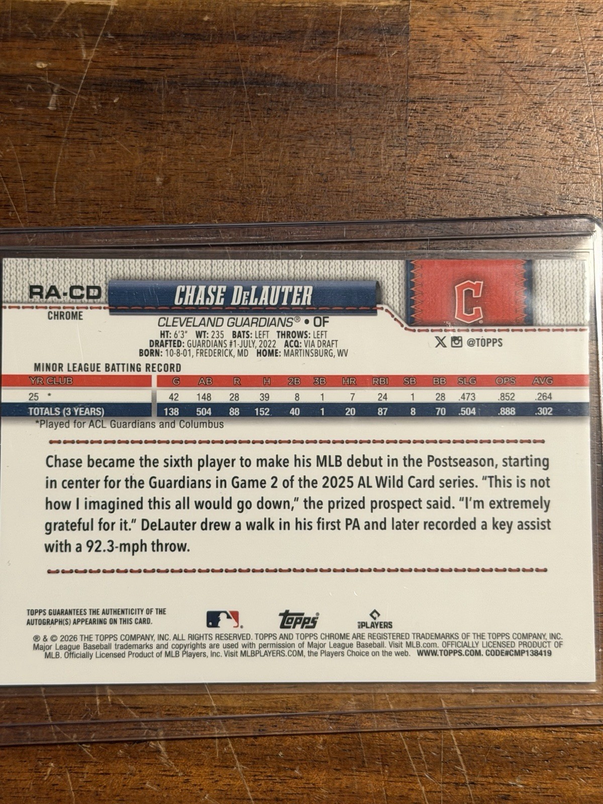 Chase DeLauter RC #10/50 Auto 2026 Topps Chrome Gold Logofractor Guardians MLB view 2
