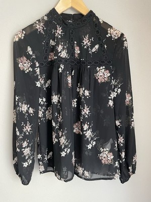 LUCKY BRAND Top Size S Grandmacore Floral Mockneck Sheer Chiffon Boho Blouse